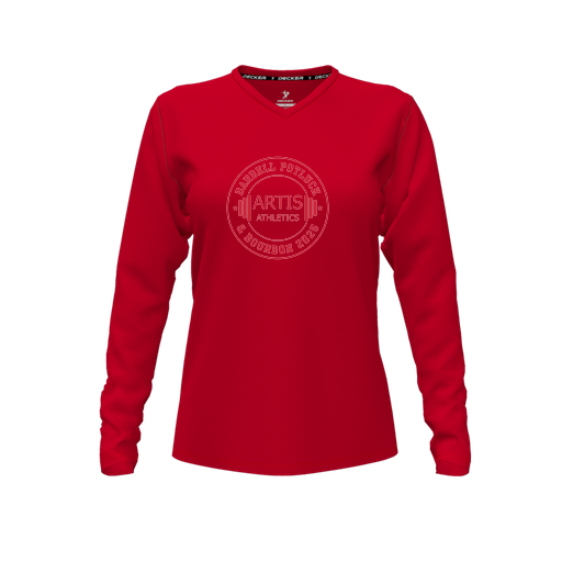 [FTLVPTRD-FYXS-LOGO3] Decker Performance T-Shirt (Female Youth XS, Red, V Neck, Logo 3, Long Sleeve)